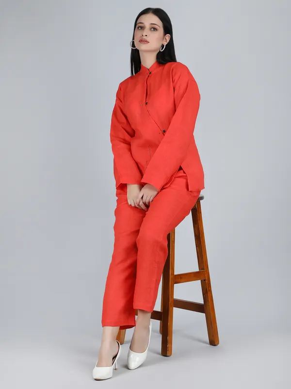Orange_Pure_Linen_Hand_Embroidered_Zig_Zag_Placket_Shirt_For_Women