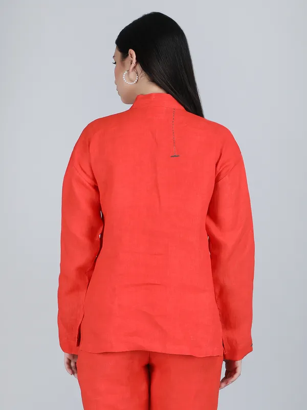 Orange_Pure_Linen_Hand_Embroidered_Zig_Zag_Placket_Shirt_For_Women