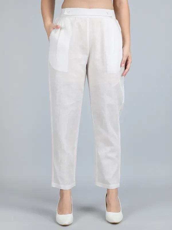 White_Pure_Linen_Hand_Embroidered_Pants_For_Women
