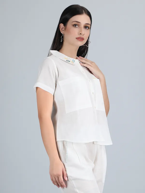 White_Pure_Linen_Hand_Embroidered_Shirt_For_Women