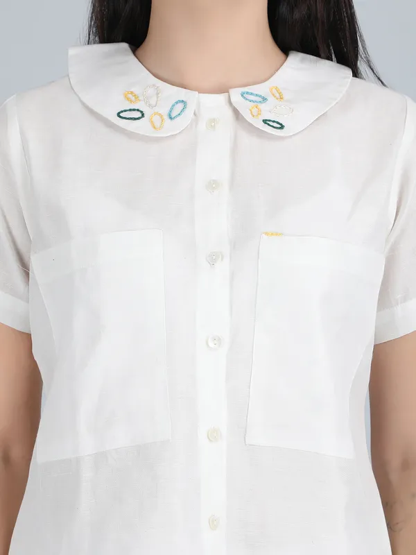 White_Pure_Linen_Hand_Embroidered_Shirt_For_Women