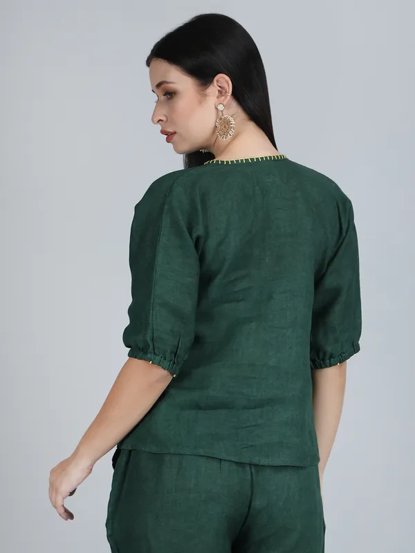 Forest_Green_Pure_Linen_Hand_Embroidered_Top_For_Women