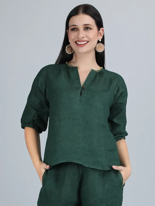 Forest_Green_Pure_Linen_Hand_Embroidered_Top_For_Women