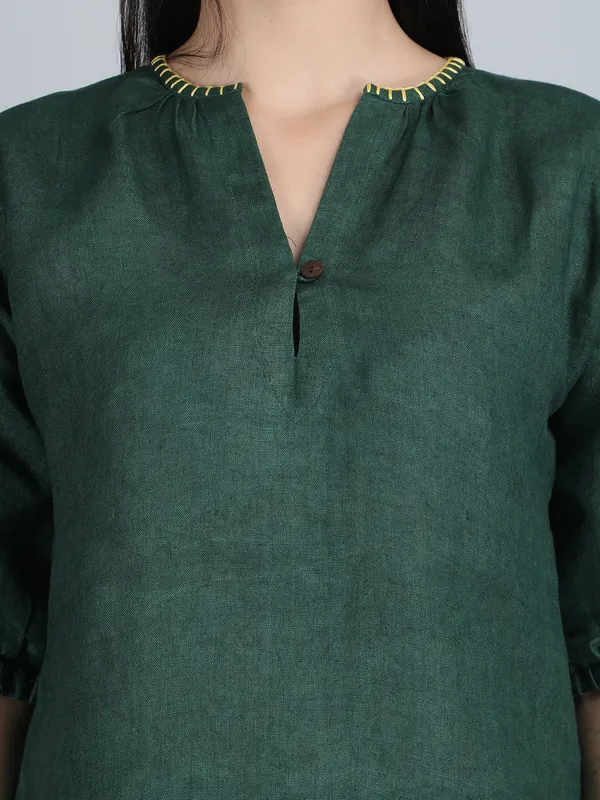 Forest_Green_Pure_Linen_Hand_Embroidered_Top_For_Women