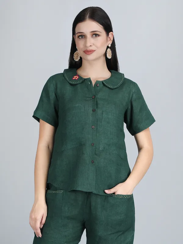 Forest_Green_Pure_Linen_Hand_Embroidered_Collar_Shirt_For_Women