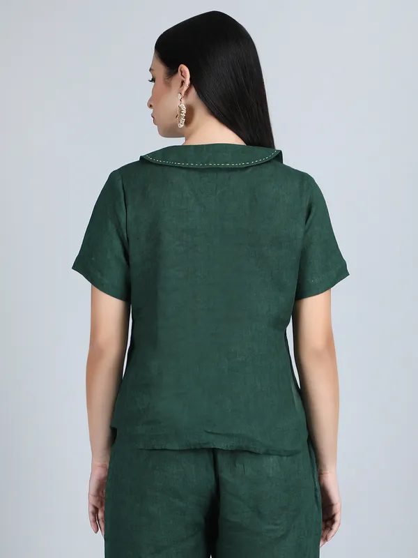 Forest_Green_Pure_Linen_Hand_Embroidered_Collar_Shirt_For_Women