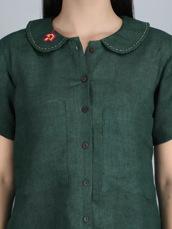 Forest_Green_Pure_Linen_Hand_Embroidered_Collar_Shirt_For_Women
