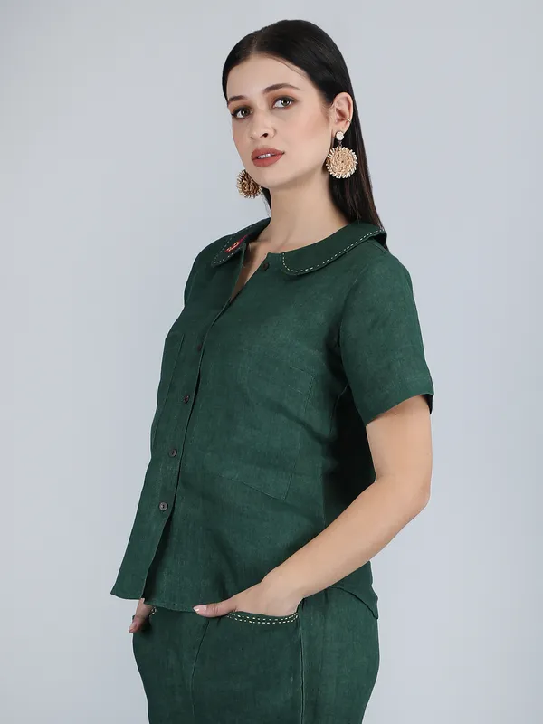 Forest_Green_Pure_Linen_Hand_Embroidered_Collar_Shirt_For_Women