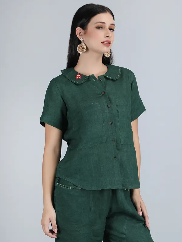 Forest_Green_Pure_Linen_Hand_Embroidered_Collar_Shirt_For_Women