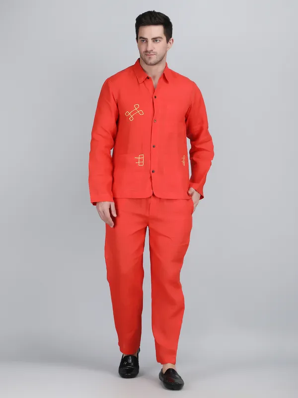 Orange_Pure_Linen_Hand_Embroidered_Shirt_With_Pants_Co-Ord_Set_For_Men