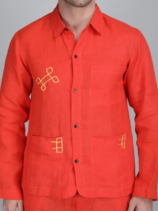 Orange_Pure_Linen_Hand_Embroidered_Shirt_With_Pants_Co-Ord_Set_For_Men