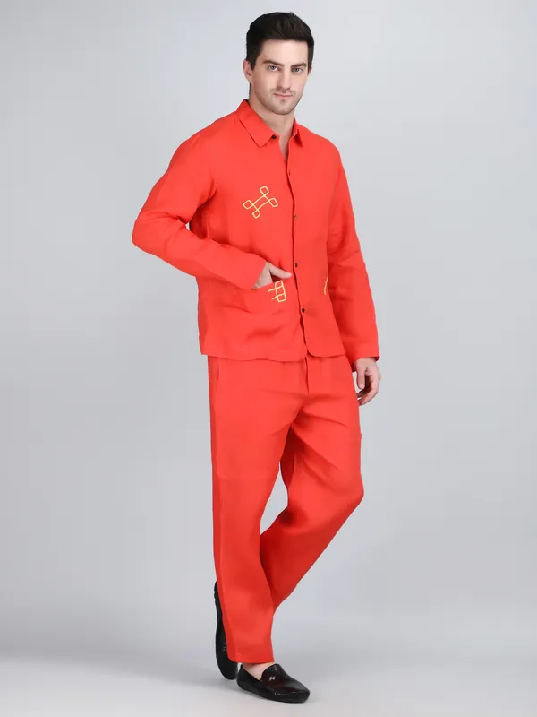 Orange_Pure_Linen_Hand_Embroidered_Shirt_With_Pants_Co-Ord_Set_For_Men