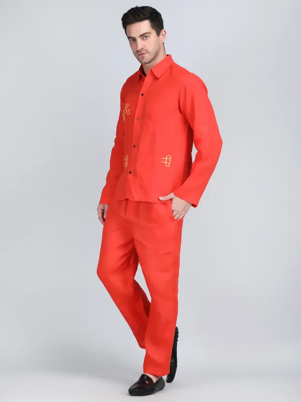 Orange_Pure_Linen_Hand_Embroidered_Shirt_With_Pants_Co-Ord_Set_For_Men