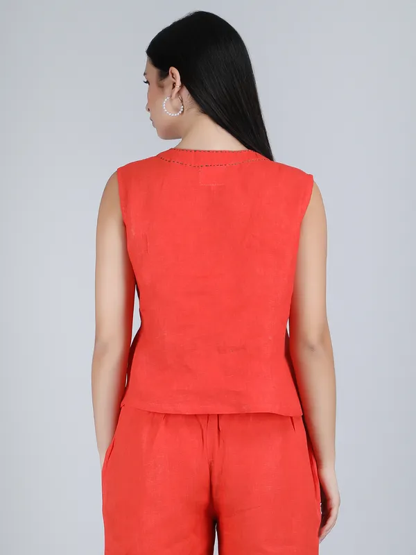 Orange_Pure_Linen_Hand_Embroidered_Top_For_Women