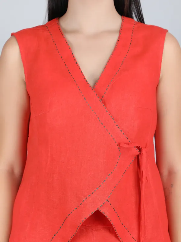 Orange_Pure_Linen_Hand_Embroidered_Top_For_Women