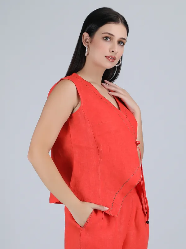 Orange_Pure_Linen_Hand_Embroidered_Top_For_Women