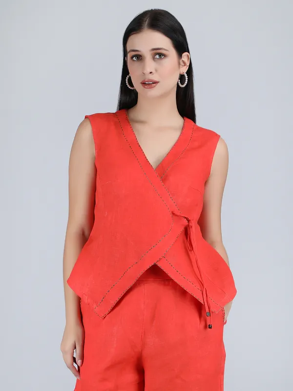 Orange_Pure_Linen_Hand_Embroidered_Top_For_Women