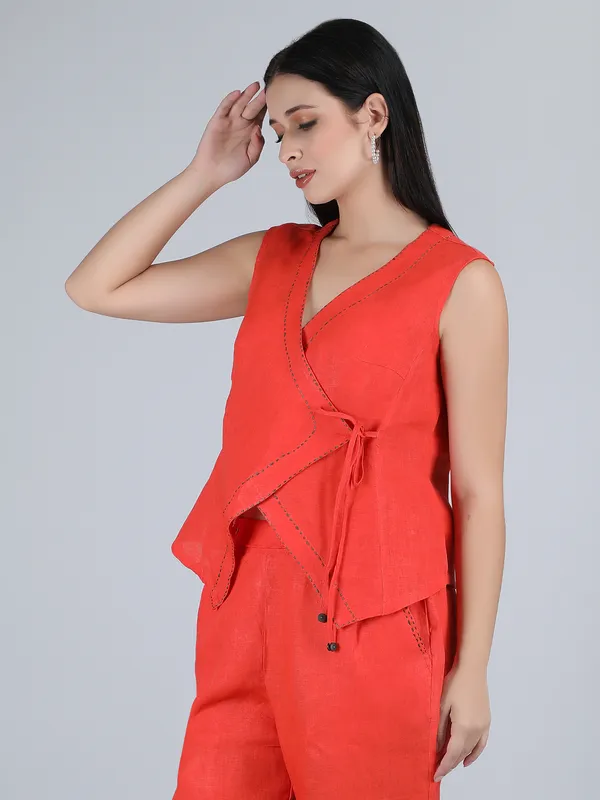 Orange_Pure_Linen_Hand_Embroidered_Top_For_Women