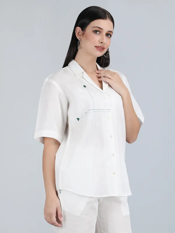 White_Pure_Linen_Hand_Embroidered_Regular_Fit_Shirt_For_Women