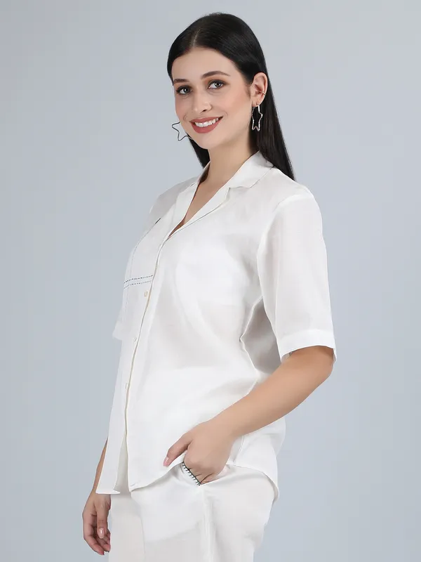 White_Pure_Linen_Hand_Embroidered_Regular_Fit_Shirt_For_Women