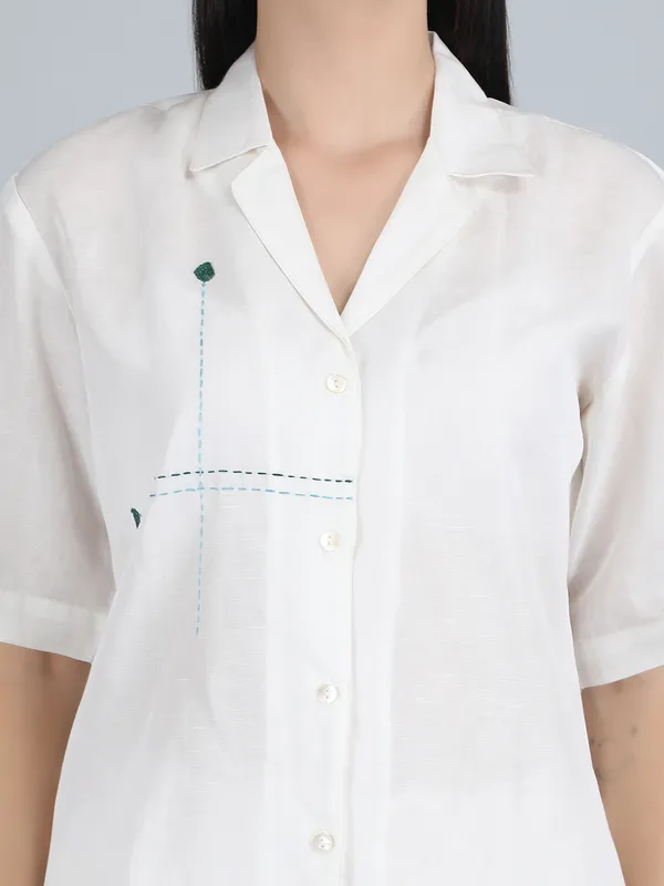 White_Pure_Linen_Hand_Embroidered_Regular_Fit_Shirt_For_Women