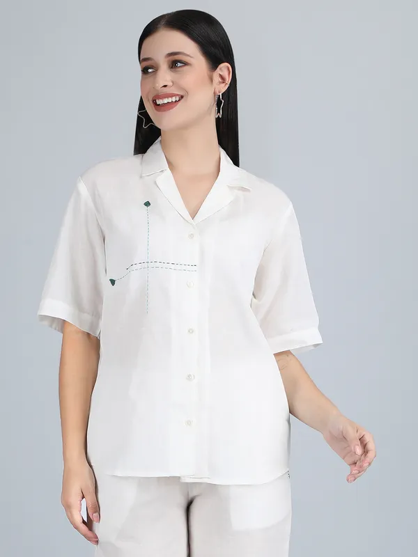 White_Pure_Linen_Hand_Embroidered_Regular_Fit_Shirt_For_Women