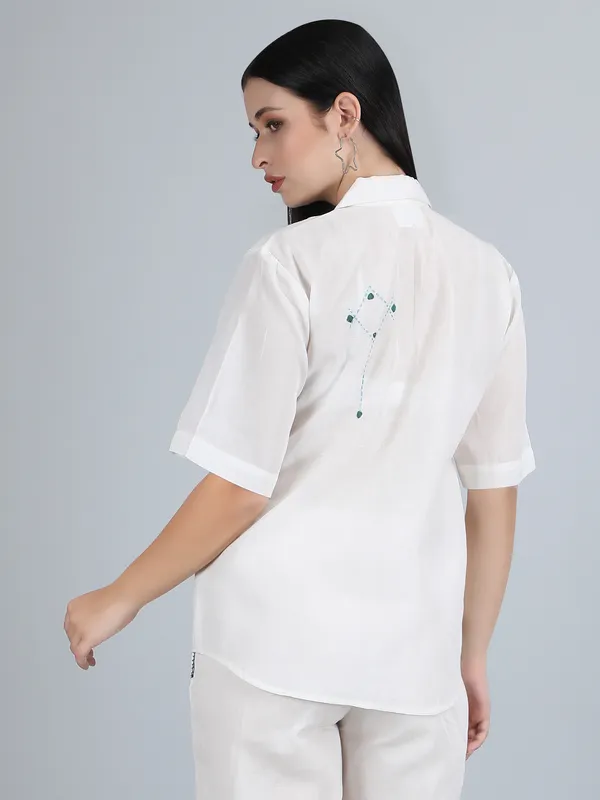White_Pure_Linen_Hand_Embroidered_Regular_Fit_Shirt_For_Women