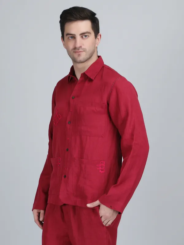 Maroon_Pure_Linen_Hand_Embroidered_Full_Sleeve_Shirt_For_Men