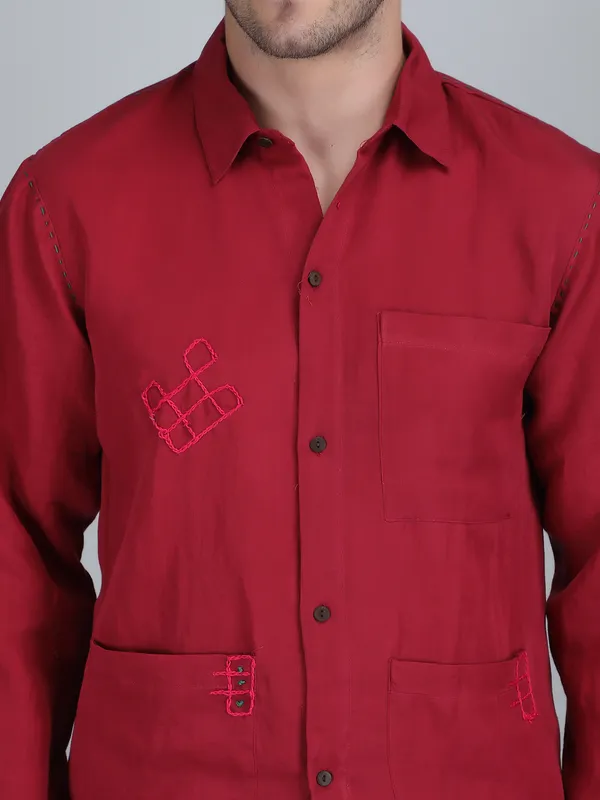 Maroon_Pure_Linen_Hand_Embroidered_Full_Sleeve_Shirt_For_Men