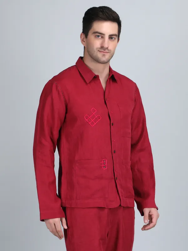 Maroon_Pure_Linen_Hand_Embroidered_Full_Sleeve_Shirt_For_Men