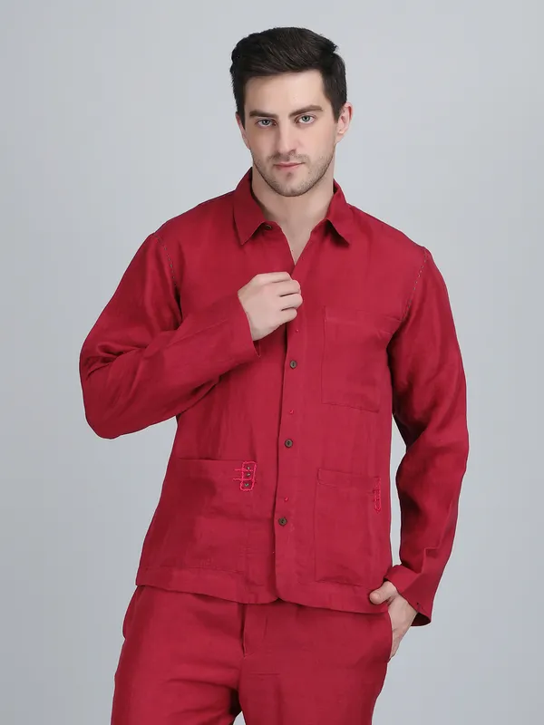 Maroon_Pure_Linen_Hand_Embroidered_Full_Sleeve_Shirt_For_Men