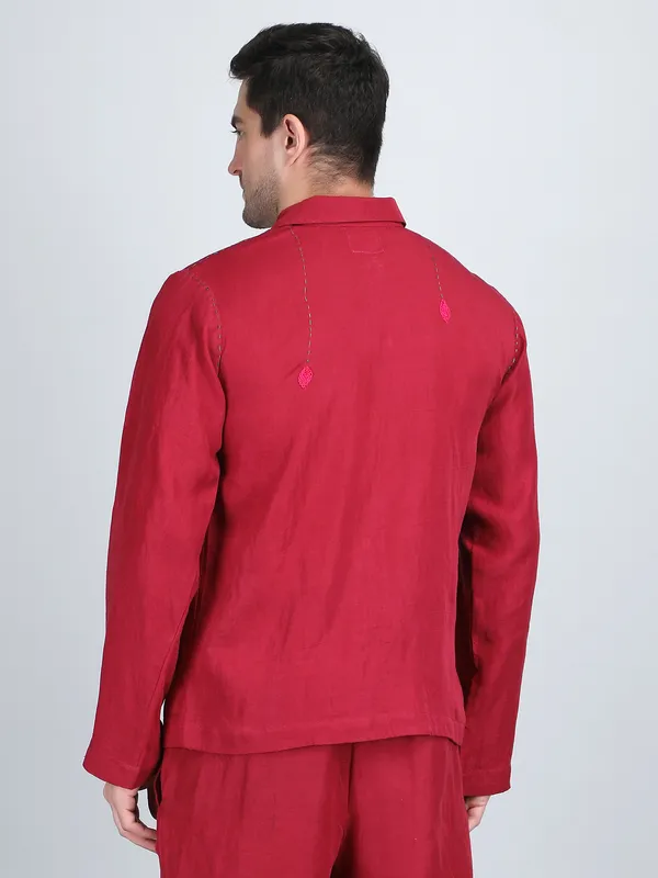 Maroon_Pure_Linen_Hand_Embroidered_Full_Sleeve_Shirt_For_Men