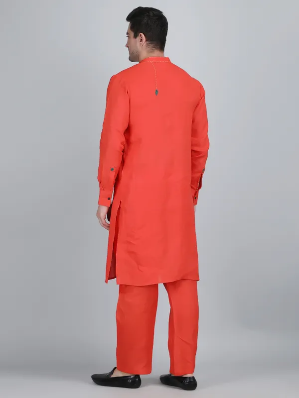 Orange_Pure_Linen_Hand_Embroidered_Kurta_With_Pants_For_Men