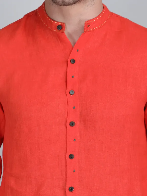 Orange_Pure_Linen_Hand_Embroidered_Kurta_With_Pants_For_Men