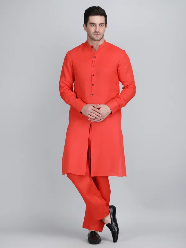 Orange_Pure_Linen_Hand_Embroidered_Kurta_With_Pants_For_Men