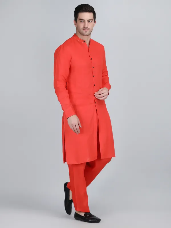 Orange_Pure_Linen_Hand_Embroidered_Kurta_With_Pants_For_Men