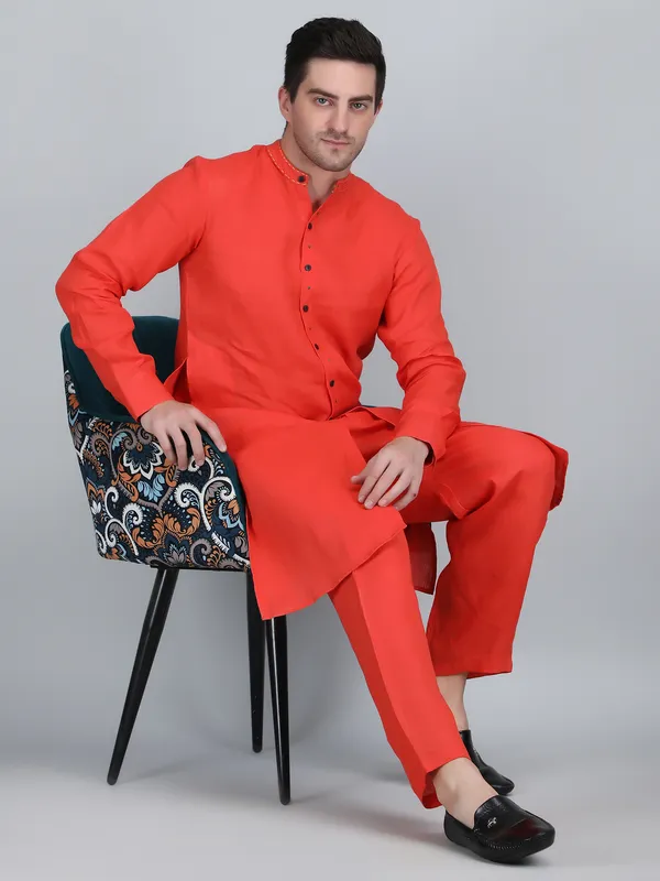 Orange_Pure_Linen_Hand_Embroidered_Kurta_With_Pants_For_Men