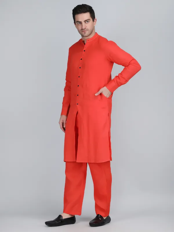 Orange_Pure_Linen_Hand_Embroidered_Kurta_With_Pants_For_Men