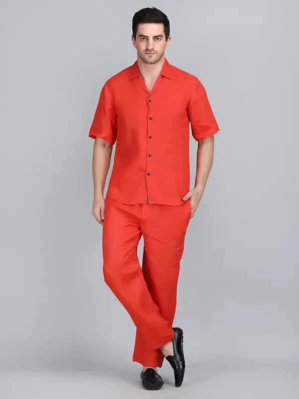 Orange_Pure_Linen_Hand_Embroidered_Shirt_With_Pants_Co-Ord_Set_For_Men