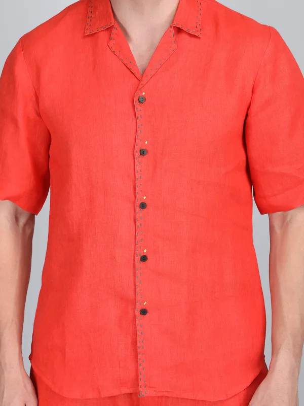Orange_Pure_Linen_Hand_Embroidered_Shirt_With_Pants_Co-Ord_Set_For_Men