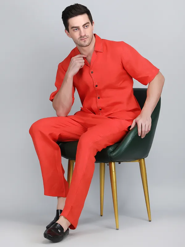 Orange_Pure_Linen_Hand_Embroidered_Shirt_With_Pants_Co-Ord_Set_For_Men