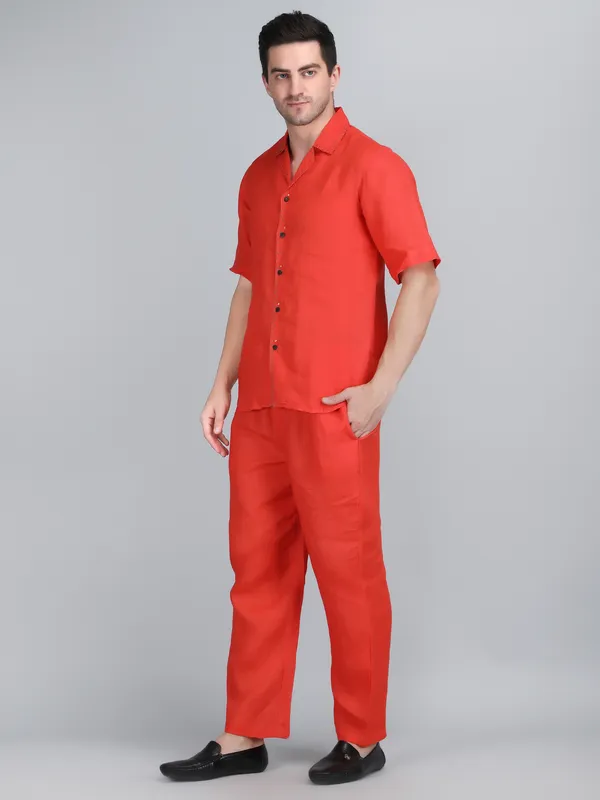 Orange_Pure_Linen_Hand_Embroidered_Shirt_With_Pants_Co-Ord_Set_For_Men