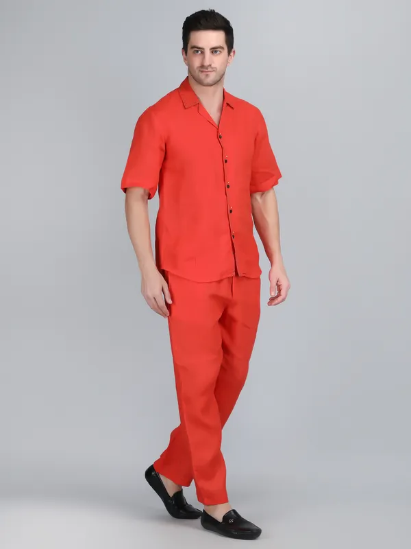 Orange_Pure_Linen_Hand_Embroidered_Shirt_With_Pants_Co-Ord_Set_For_Men