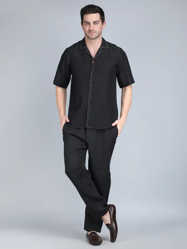 Black_Pure_Linen_Hand_Embroidered_Shirt_With_Pants_Co-Ord_Set_For_Men