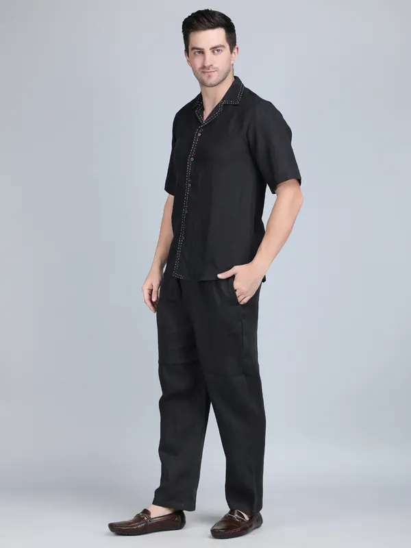 Black_Pure_Linen_Hand_Embroidered_Shirt_With_Pants_Co-Ord_Set_For_Men