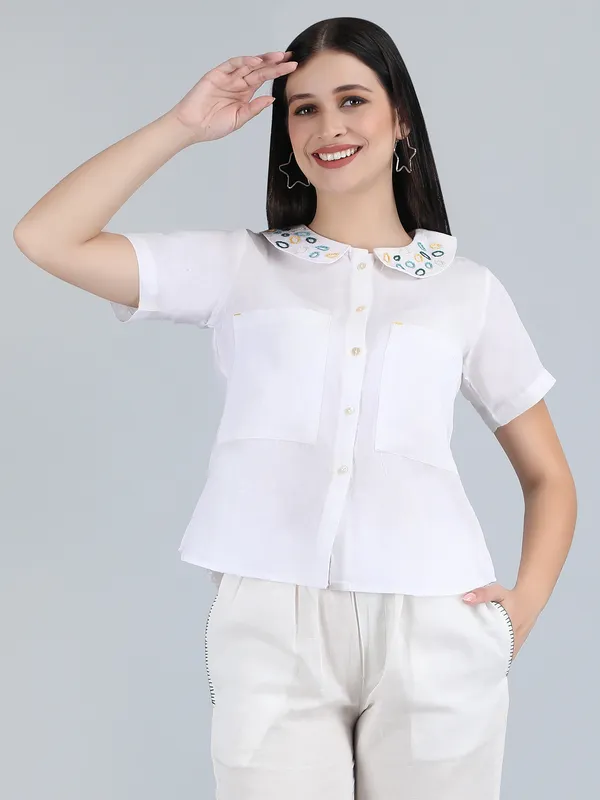 White_Pure_Linen_Hand_Embroidered_Collar_Shirt_For_Women