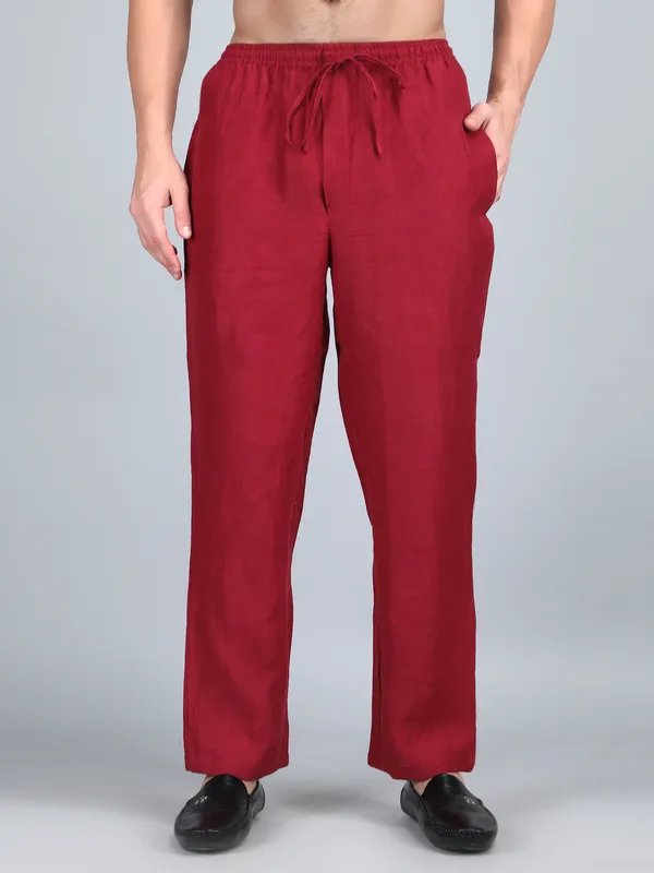 Maroon_Pure_Linen_Hand_Embroidered_Pants_For_Men