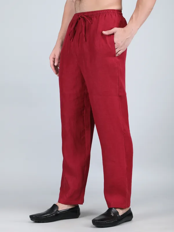 Maroon_Pure_Linen_Hand_Embroidered_Pants_For_Men