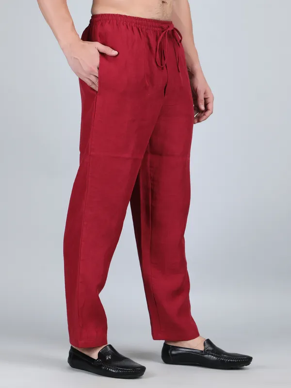 Maroon_Pure_Linen_Hand_Embroidered_Pants_For_Men
