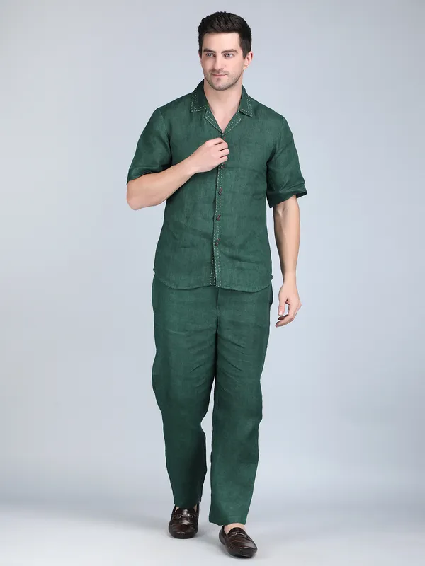 Green_Pure_Linen_Hand_Embroidered_Shirt_With_Pants_Co-Ord_Set_For_Men